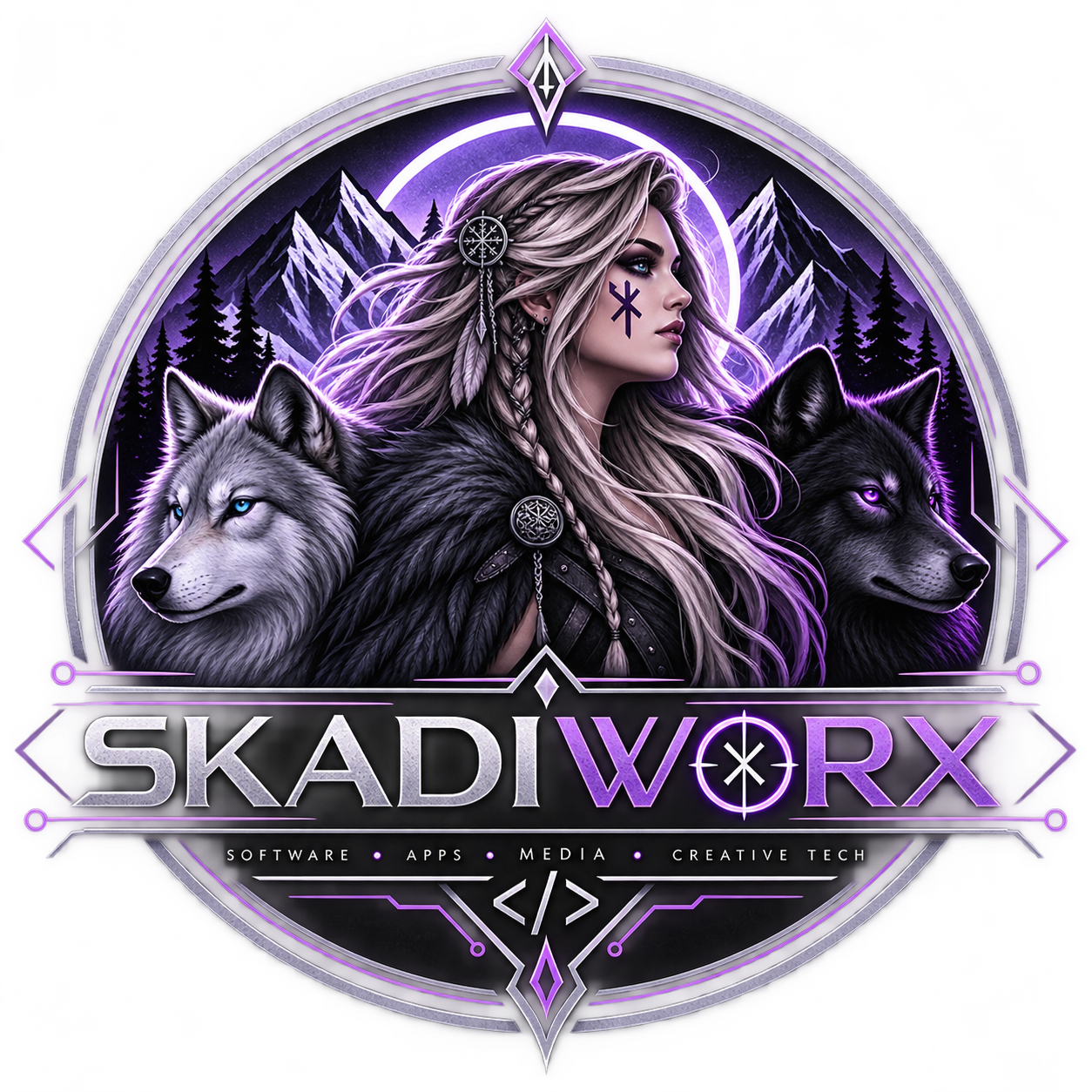 Skadiworx logo featuring Skadi and two wolves